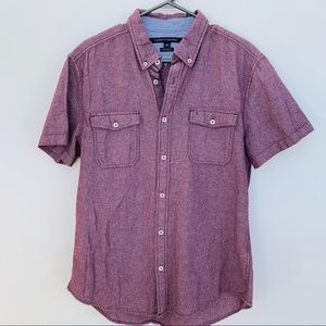 Tommy Hilfiger Men's Button Down Short Sleeve Custom Fit Burgundy Shirt - Size L